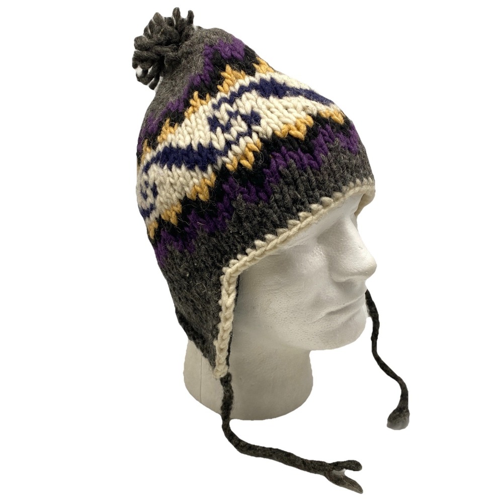 Artesania Inc. 100% Wool‎ Knit Ski Hat Pom Beanie Ear Flaps Tassels Made Ecuador